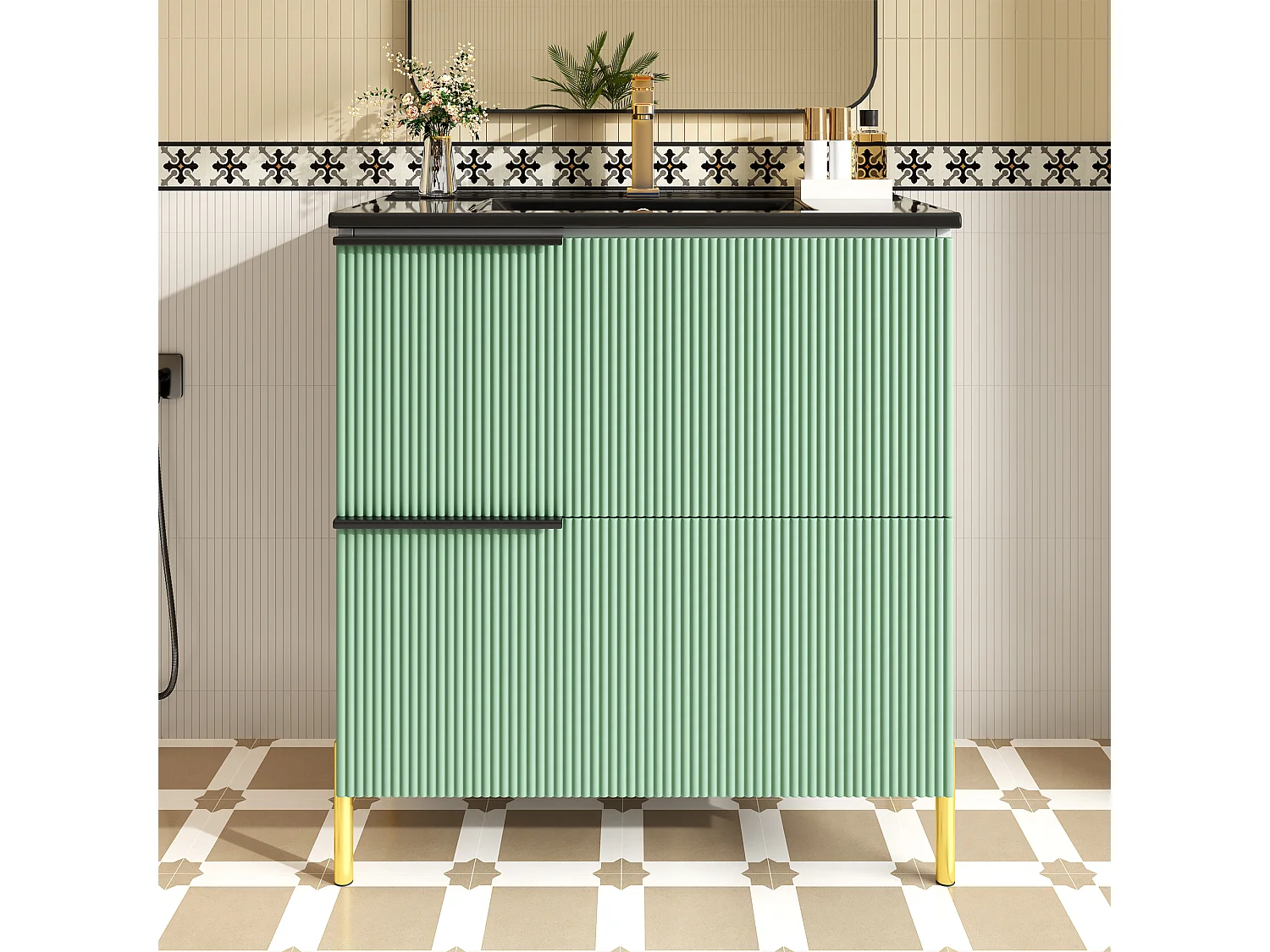 Badezimmer-Waschtisch mit Keramikwaschbecken – 81,5 x 47 x 90 cm – mit 2 Schubladen – MDF – grün