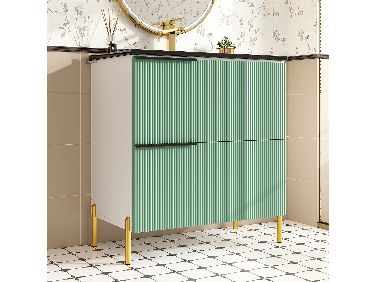 Mobile lavabo da bagno con lavabo in ceramica - 81,5 x 47 x 90 cm - con 2 cassetti - MDF - verde