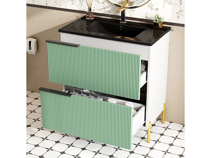 Badezimmer-Waschtisch mit Keramikwaschbecken – 81,5 x 47 x 90 cm – mit 2 Schubladen – MDF – grün