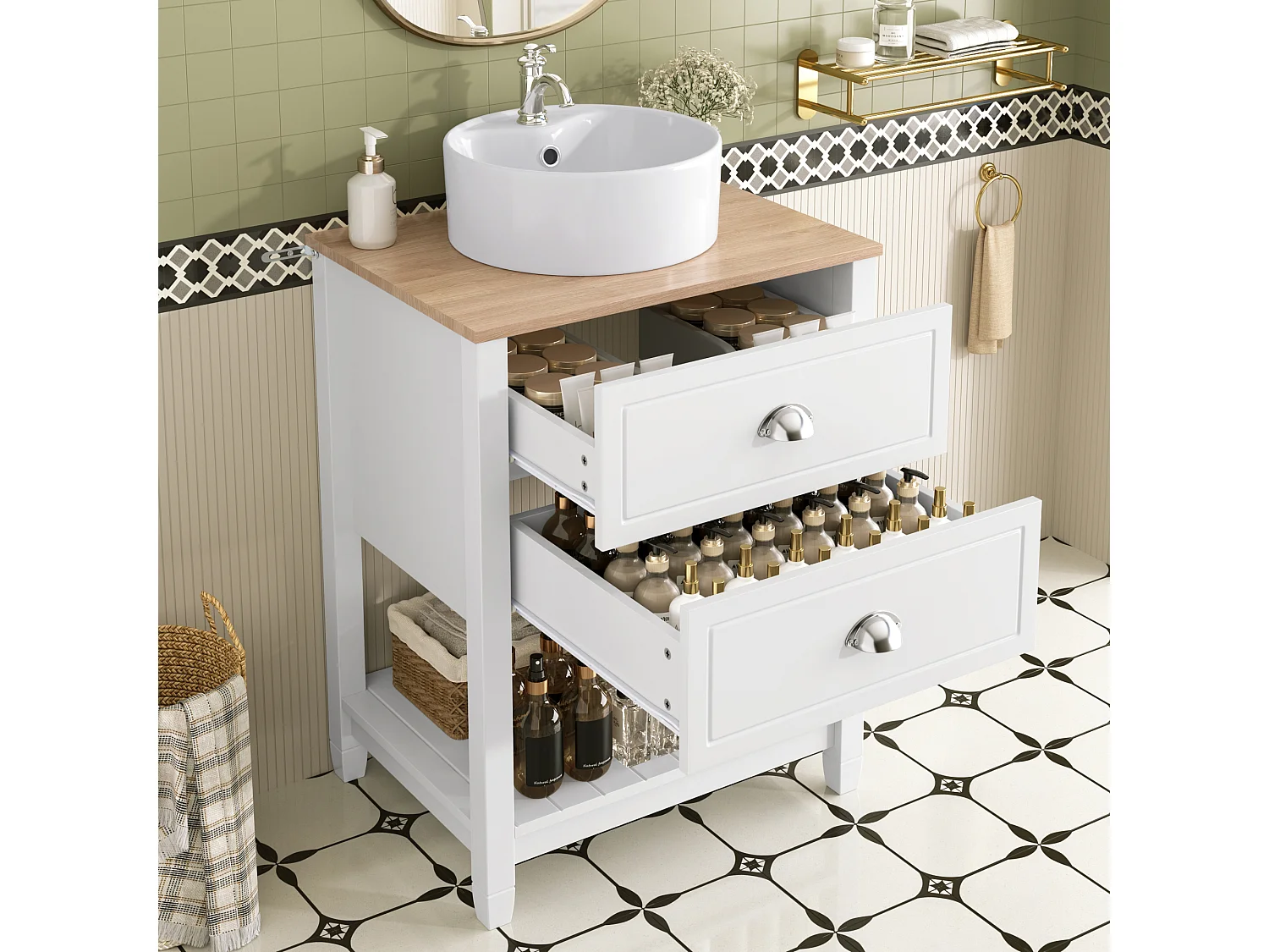 Mobile lavabo da bagno con lavabo in ceramica - 60 x 45 x 91 cm - con 2 cassetti e ripiano - MDF - bianco + naturale