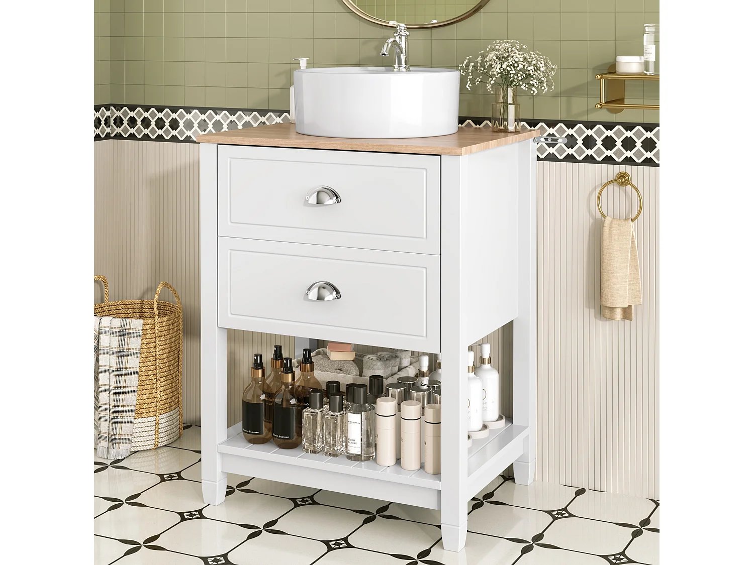 Mobile lavabo da bagno con lavabo in ceramica - 60 x 45 x 91 cm - con 2 cassetti e ripiano - MDF - bianco + naturale