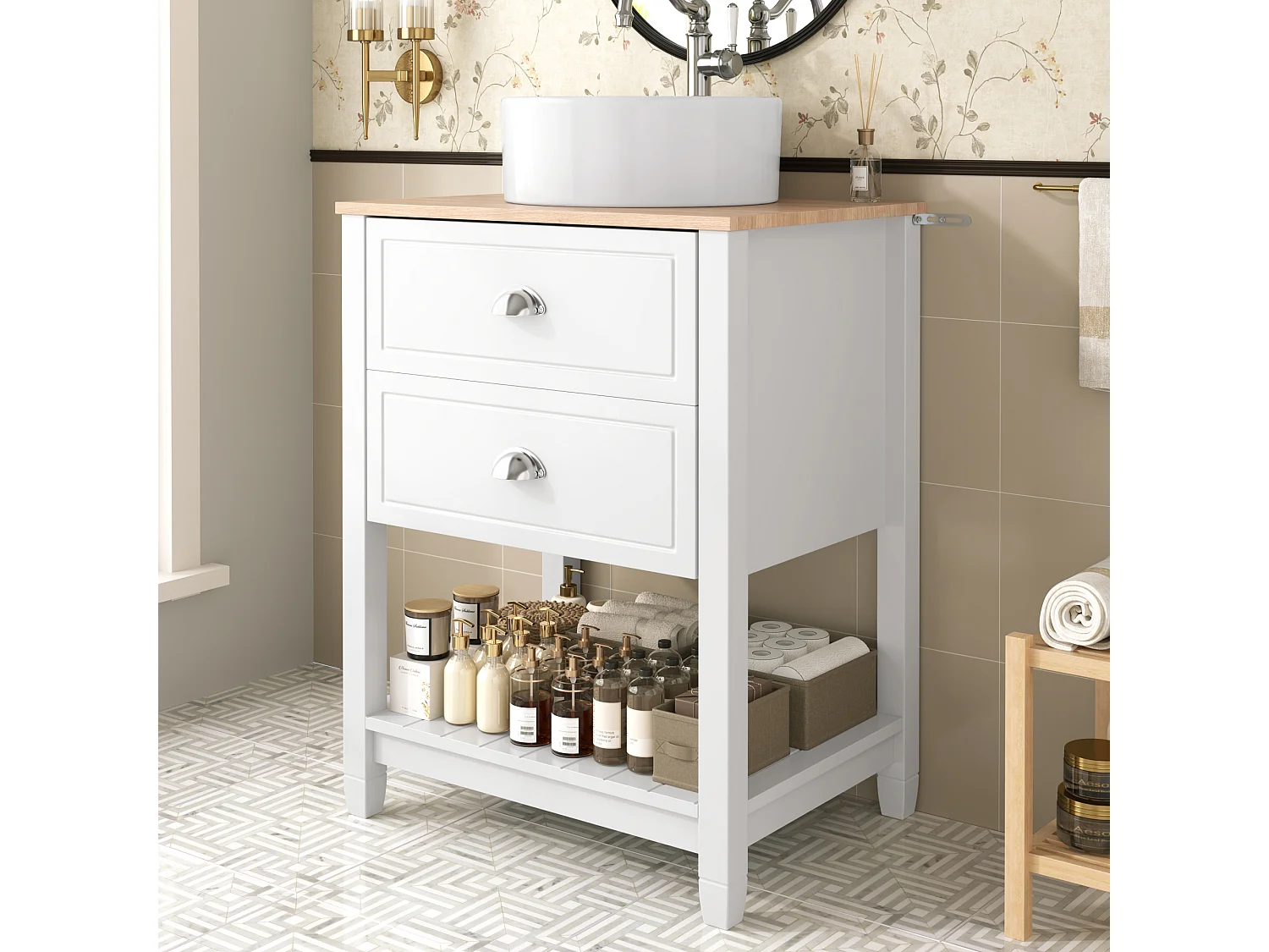 Mobile lavabo da bagno con lavabo in ceramica - 60 x 45 x 91 cm - con 2 cassetti e ripiano - MDF - bianco + naturale