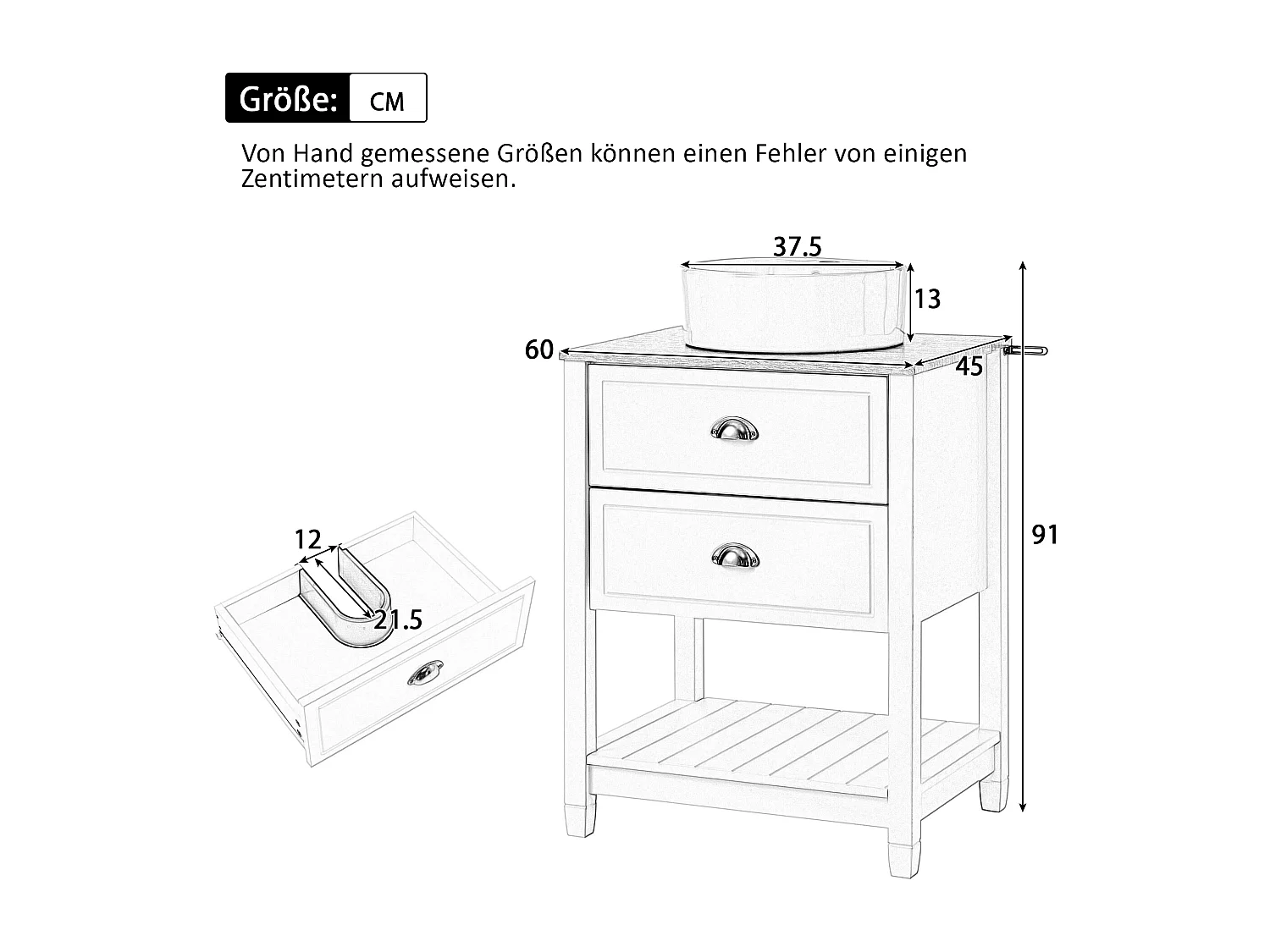 Mobile lavabo da bagno con lavabo in ceramica - 60 x 45 x 91 cm - con 2 cassetti e ripiano - MDF - bianco + naturale
