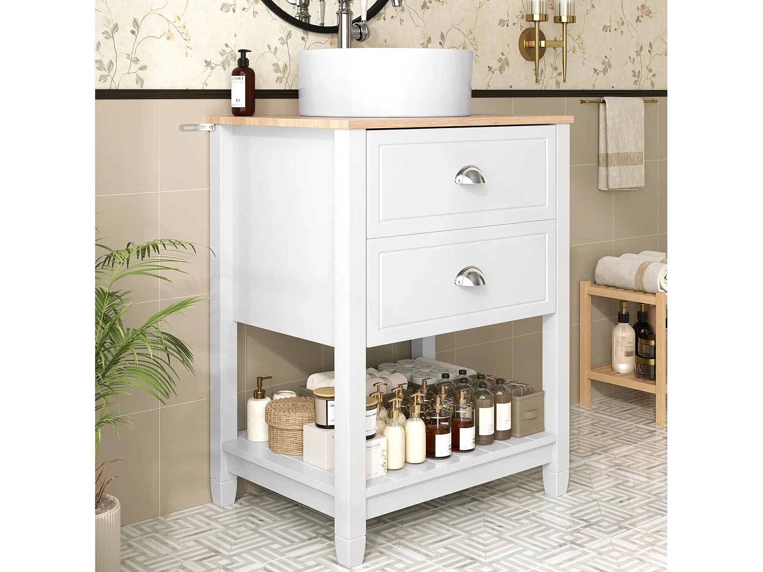 Mobile lavabo da bagno con lavabo in ceramica - 60 x 45 x 91 cm - con 2 cassetti e ripiano - MDF - bianco + naturale