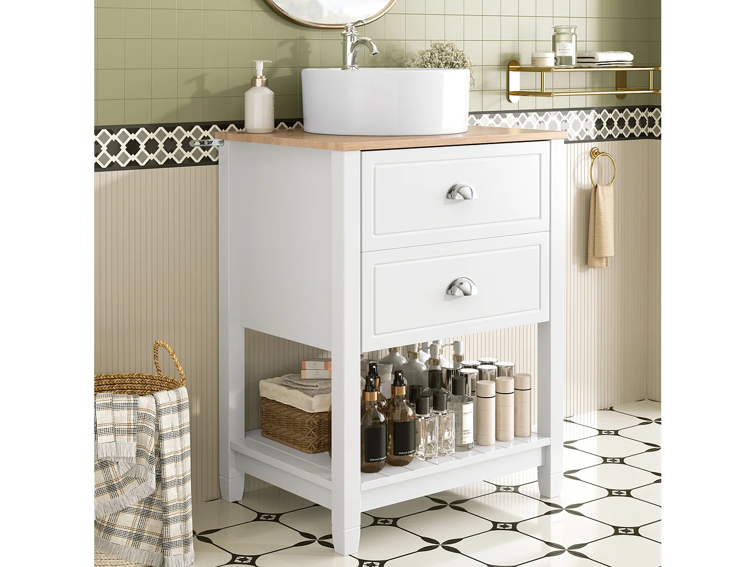 Mobile lavabo da bagno con lavabo in ceramica - 60 x 45 x 91 cm - con 2 cassetti e ripiano - MDF - bianco + naturale