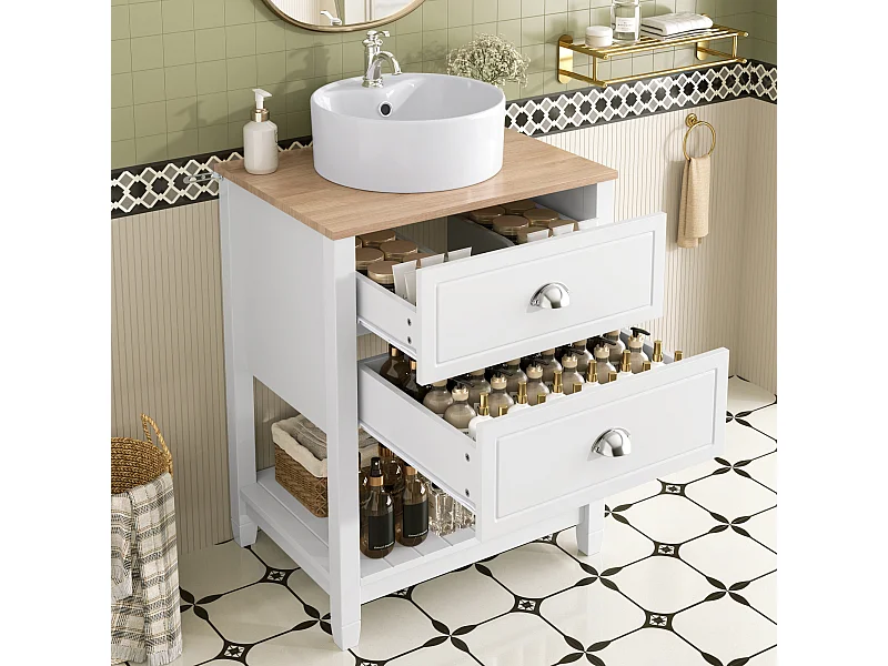 Meuble de salle de bain avec vasque en céramique - 60 x 45 x 91 cm - avec 2 tiroirs et étagère - MDF - blanc + naturel