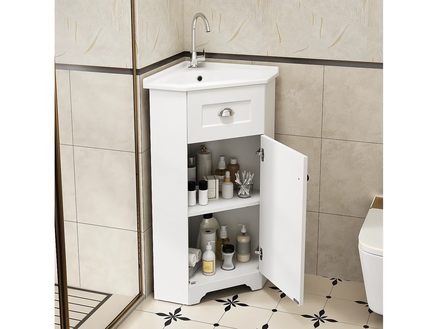 Mobile lavabo da bagno con lavabo singolo in ceramica - 59 x 42,5 x 90,5 cm - con 1 anta - MDF - bianco.