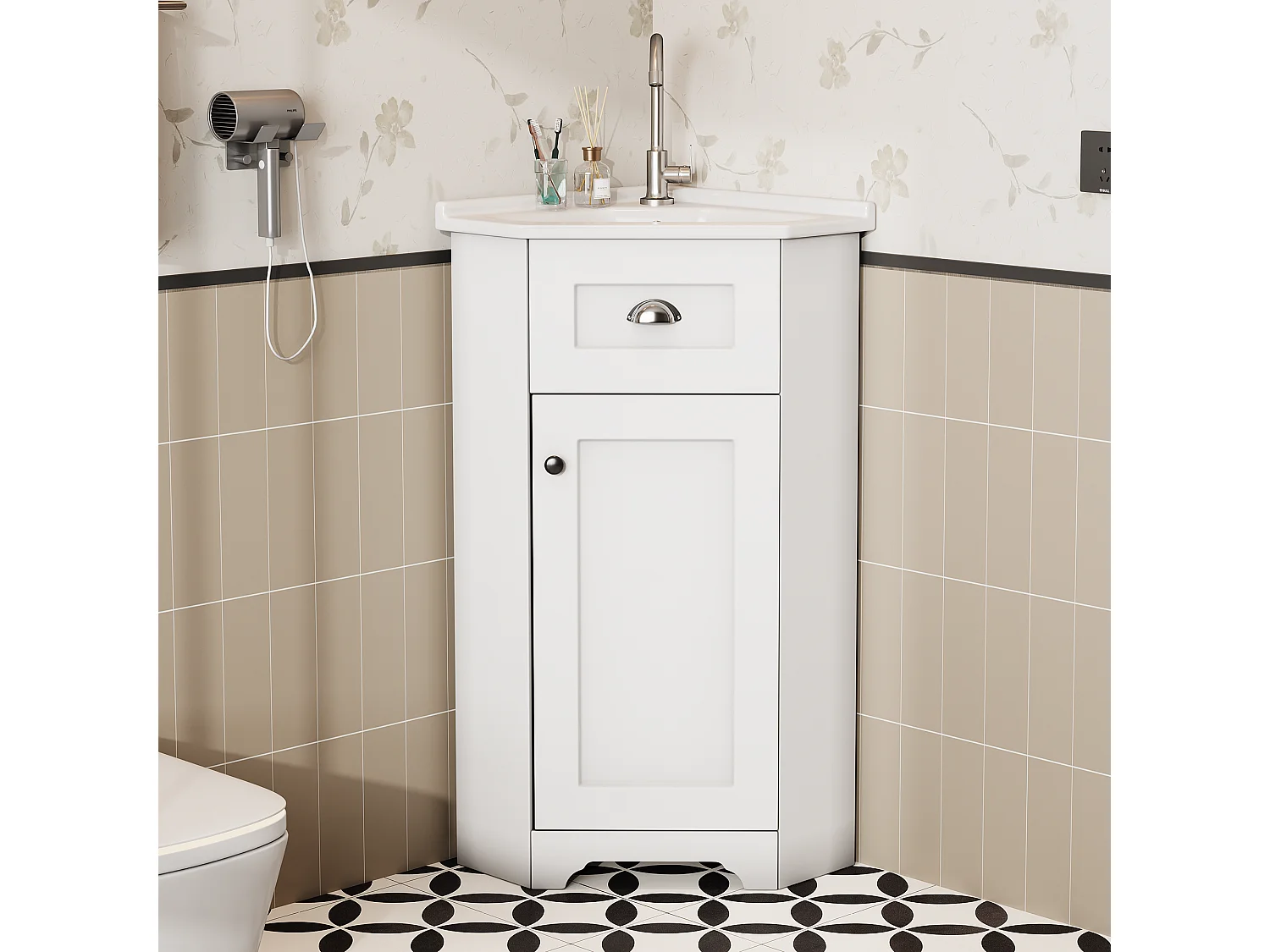 Mobile lavabo da bagno con lavabo singolo in ceramica - 59 x 42,5 x 90,5 cm - con 1 anta - MDF - bianco.