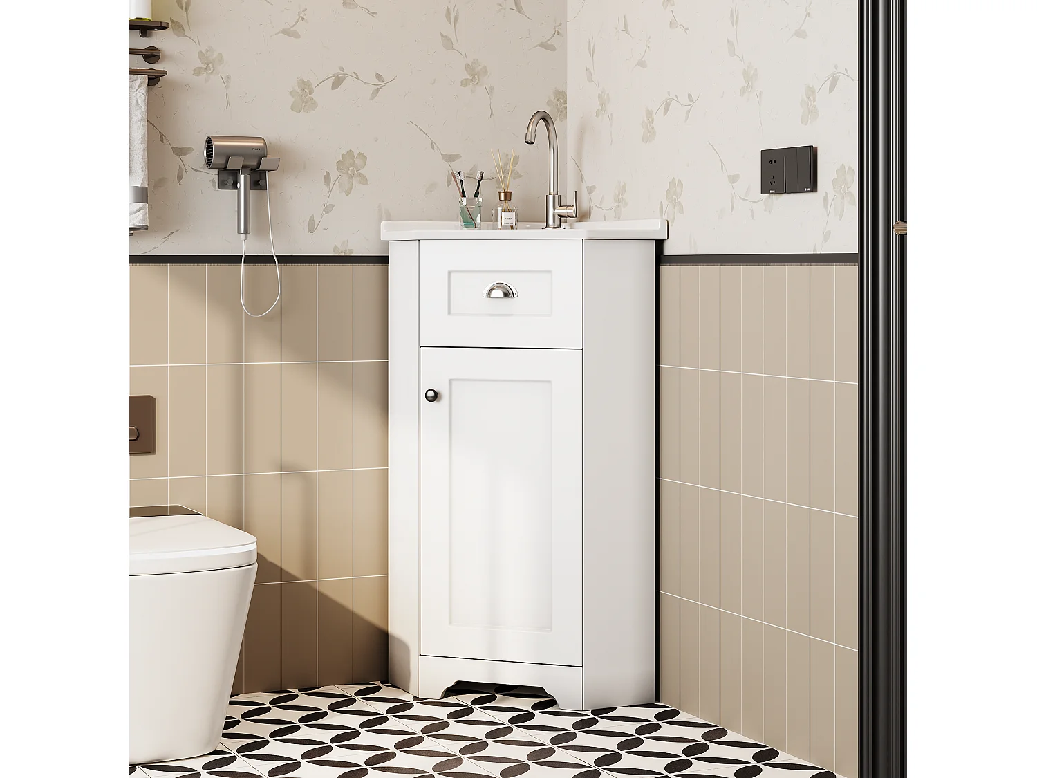 Mobile lavabo da bagno con lavabo singolo in ceramica - 59 x 42,5 x 90,5 cm - con 1 anta - MDF - bianco.