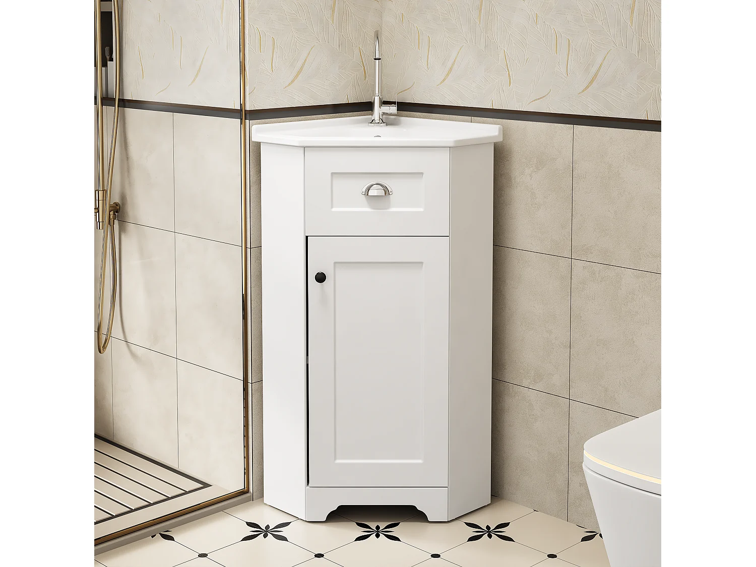 Mobile lavabo da bagno con lavabo singolo in ceramica - 59 x 42,5 x 90,5 cm - con 1 anta - MDF - bianco.