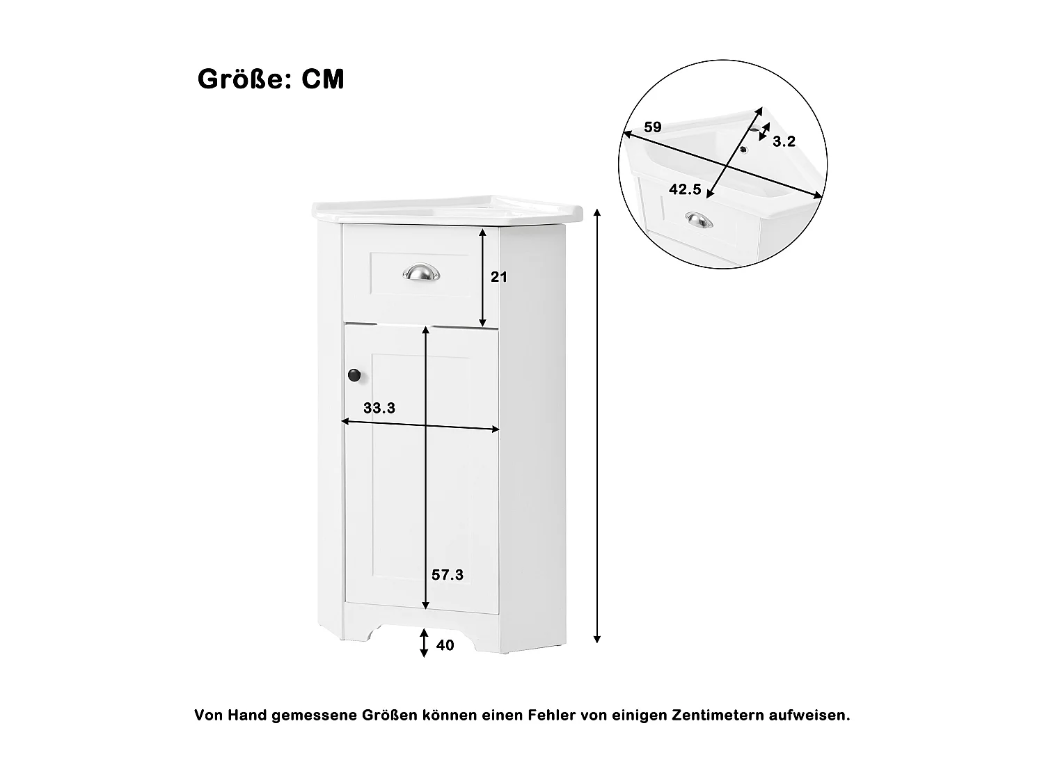Mobile lavabo da bagno con lavabo singolo in ceramica - 59 x 42,5 x 90,5 cm - con 1 anta - MDF - bianco.