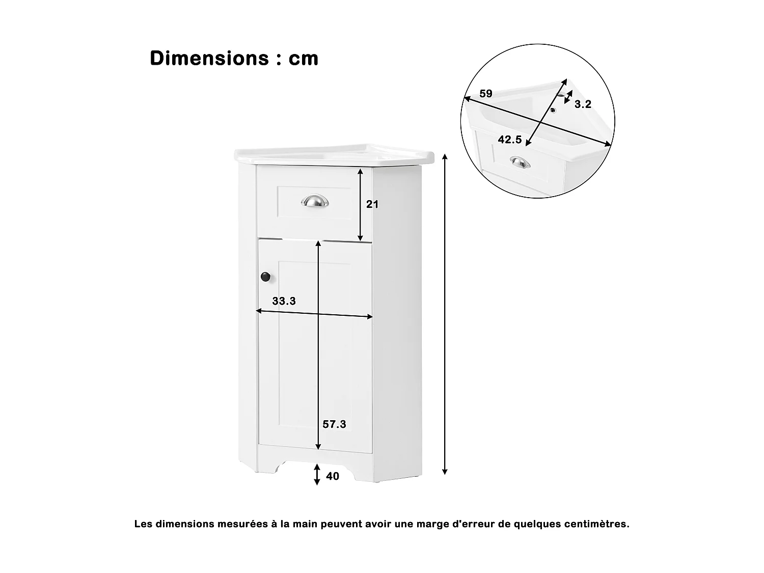 Mobile lavabo da bagno con lavabo singolo in ceramica - 59 x 42,5 x 90,5 cm - con 1 anta - MDF - bianco.