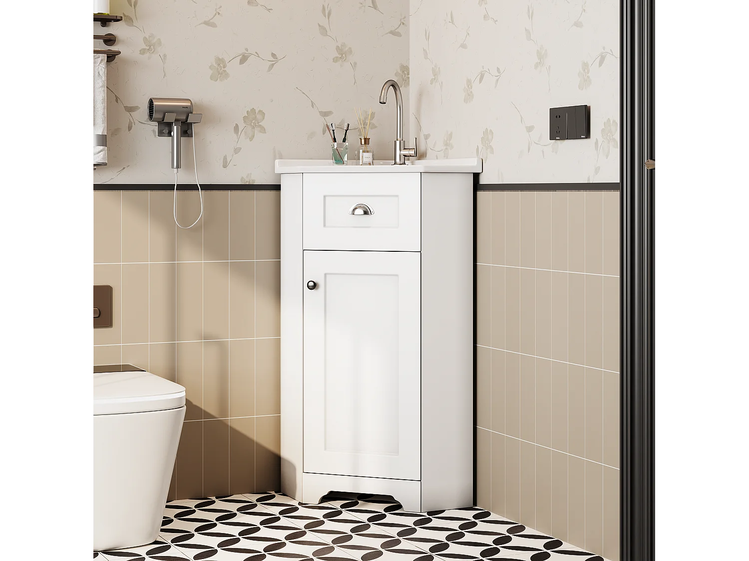 Meuble de salle de bain avec vasque simple en céramique - 59 x 42.5 x 90.5 cm - avec 1 portes - MDF - blanc.