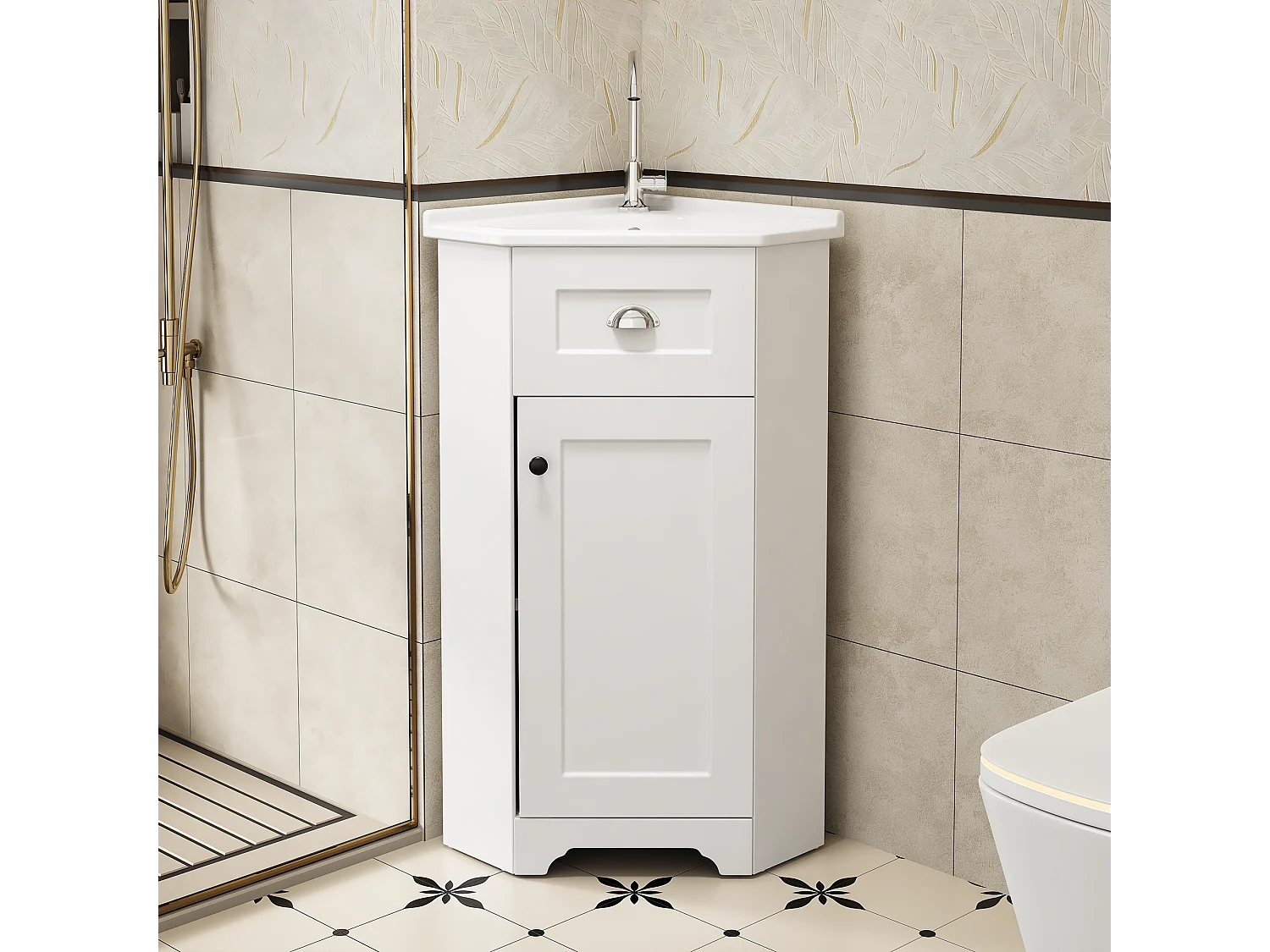 Meuble de salle de bain avec vasque simple en céramique - 59 x 42.5 x 90.5 cm - avec 1 portes - MDF - blanc.