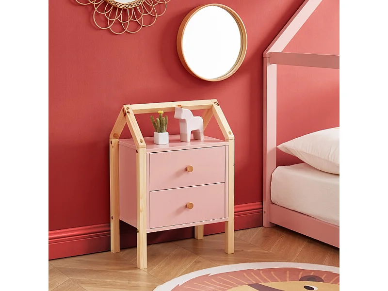 Table de chevet TINY rose et pin massif 46cm