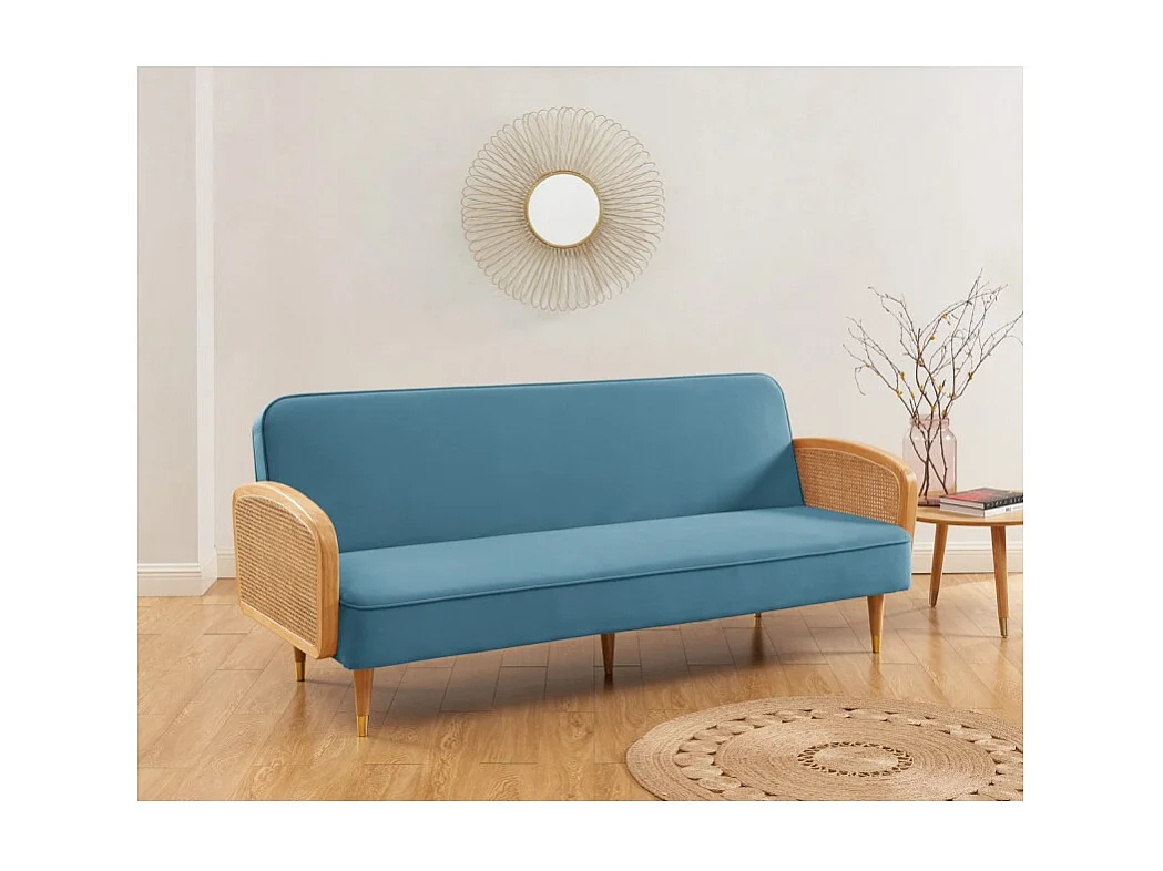 Canapé droit LEA convertible 3 places cannage et velours bleu