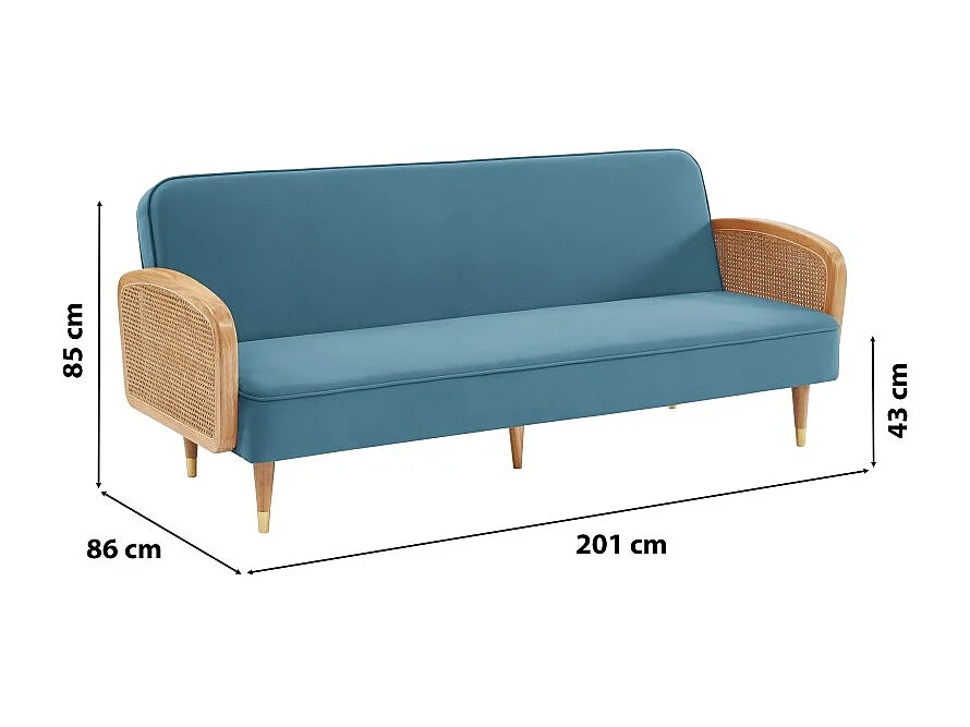 Canapé droit LEA convertible 3 places cannage et velours bleu