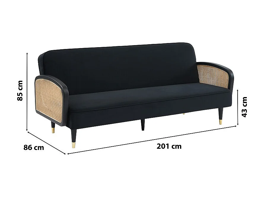 Canapé droit LEA convertible 3 places cannage et velours noir