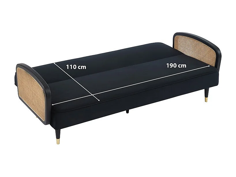 Canapé droit LEA convertible 3 places cannage et velours noir