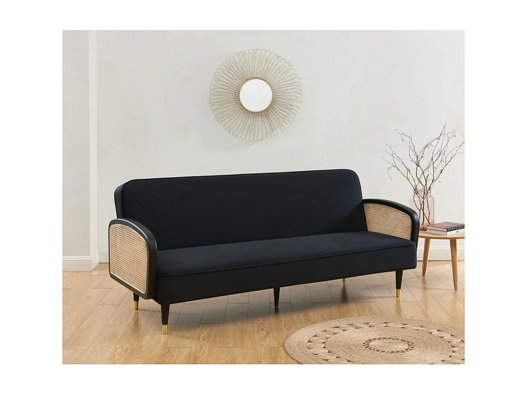 Canapé droit LEA convertible 3 places cannage et velours noir