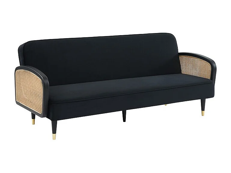 Canapé droit LEA convertible 3 places cannage et velours noir