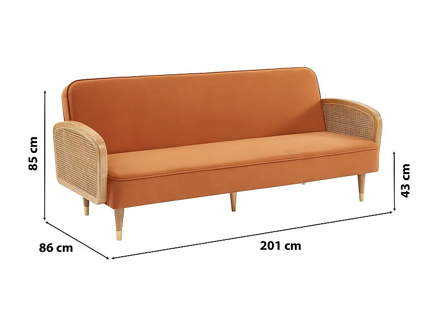 Canapé droit LEA convertible 3 places cannage et velours ocre