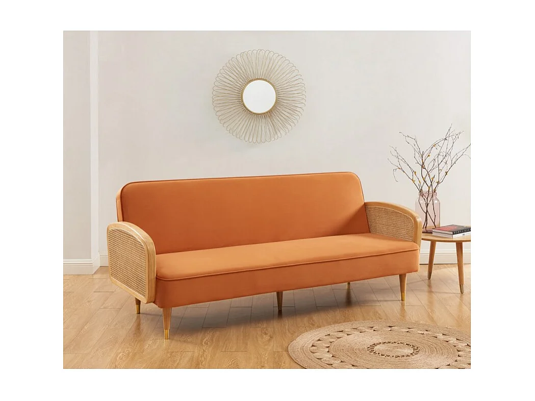 Canapé droit LEA convertible 3 places cannage et velours ocre