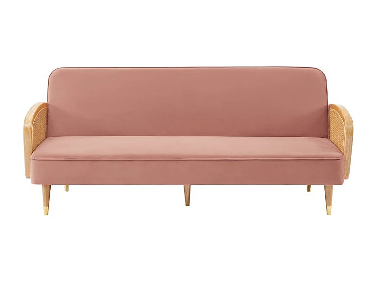 Canapé droit LEA convertible 3 places cannage et velours vieux rose