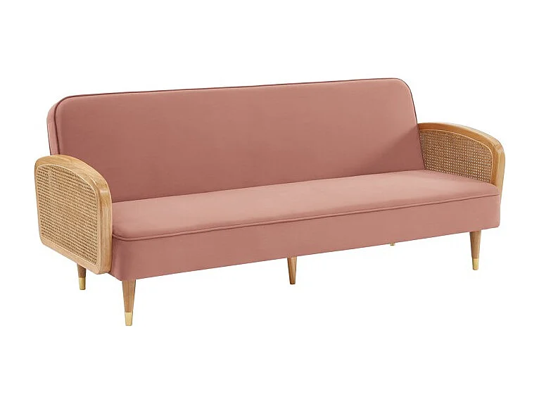 Canapé droit LEA convertible 3 places cannage et velours vieux rose