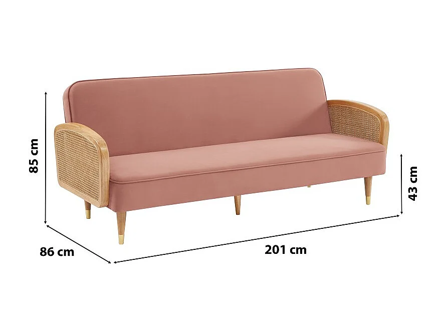 Canapé droit LEA convertible 3 places cannage et velours vieux rose