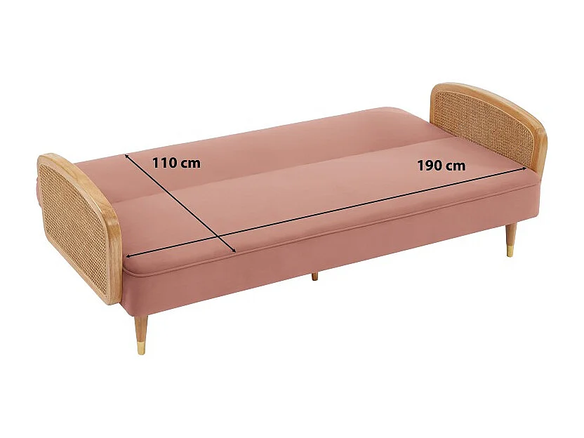 Canapé droit LEA convertible 3 places cannage et velours vieux rose