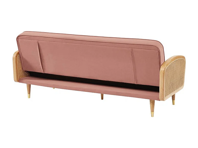 Canapé droit LEA convertible 3 places cannage et velours vieux rose