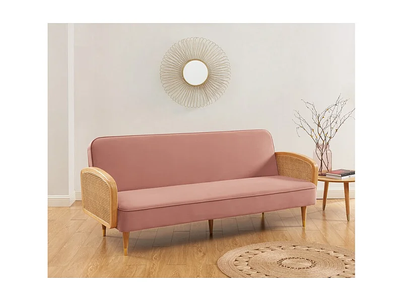 Canapé droit LEA convertible 3 places cannage et velours vieux rose