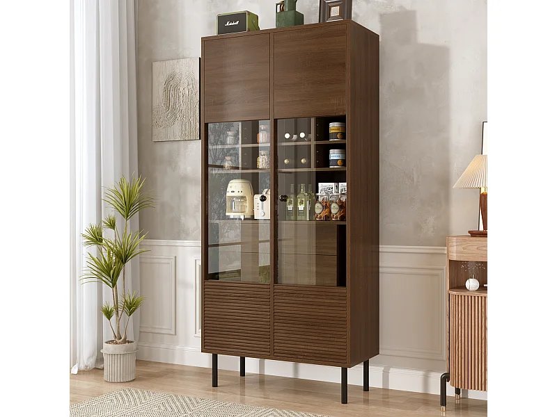 Wiederverwendbare Vitrine in Walnussoptik – 75,5 x 35 x 164,5 cm – Glasfront + Einlegeboden + verdeckte Schublade – MDF – natur