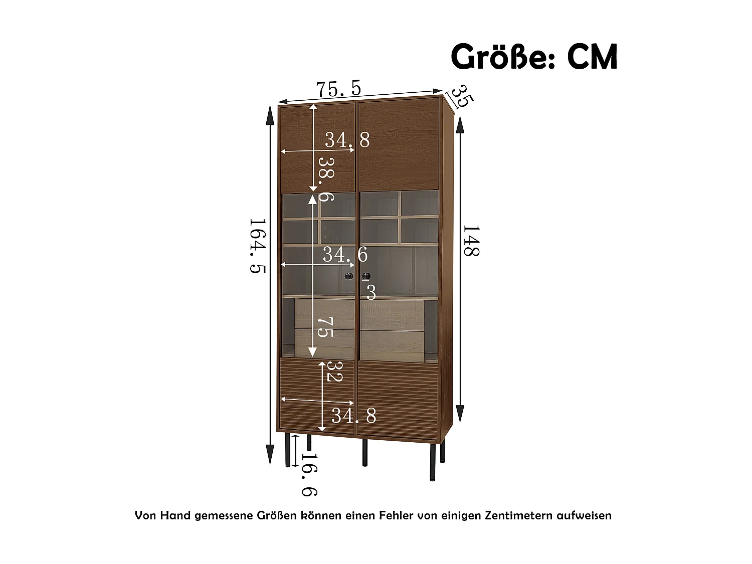 Wiederverwendbare Vitrine in Walnussoptik – 75,5 x 35 x 164,5 cm – Glasfront + Einlegeboden + verdeckte Schublade – MDF – natur