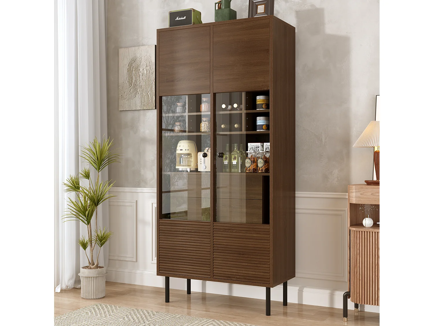 Vetrina riutilizzabile con finitura noce - 75,5 x 35 x 164,5 cm - frontale in vetro + ripiano + cassetto nascosto - MDF - naturale