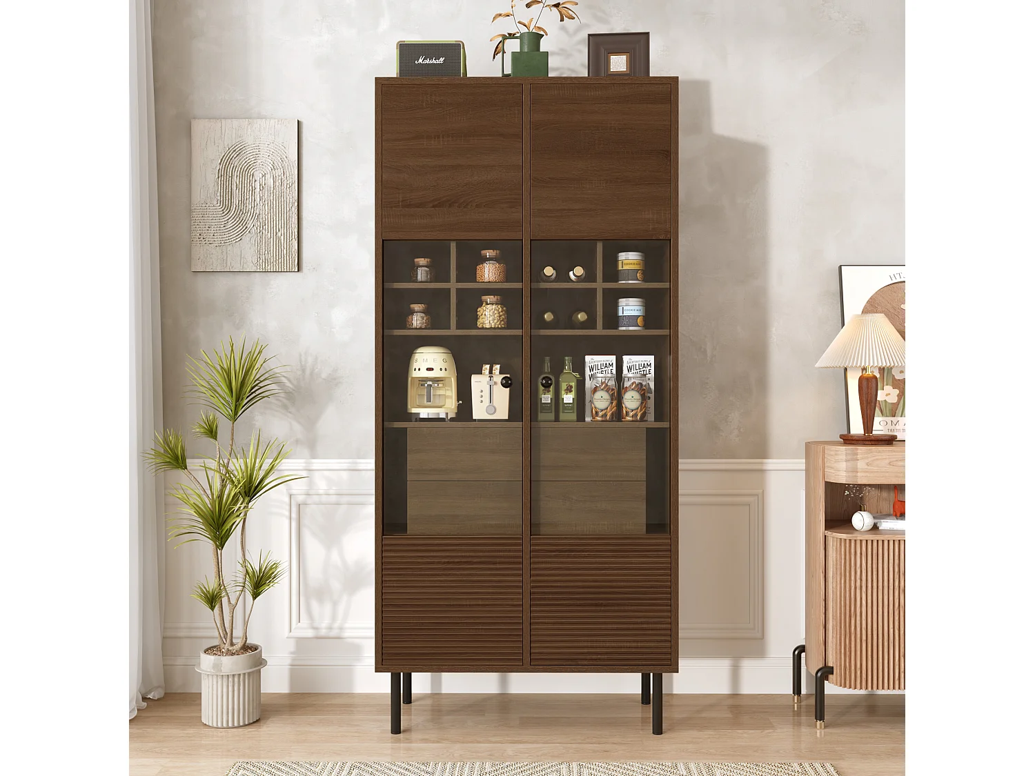 Vetrina riutilizzabile con finitura noce - 75,5 x 35 x 164,5 cm - frontale in vetro + ripiano + cassetto nascosto - MDF - naturale