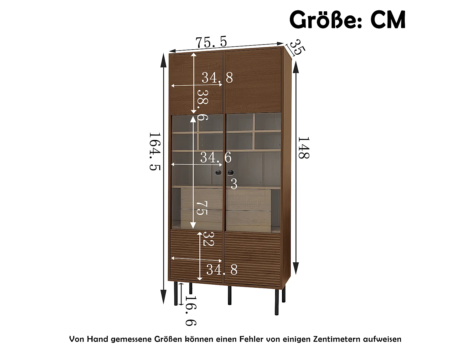 Vetrina riutilizzabile con finitura noce - 75,5 x 35 x 164,5 cm - frontale in vetro + ripiano + cassetto nascosto - MDF - naturale