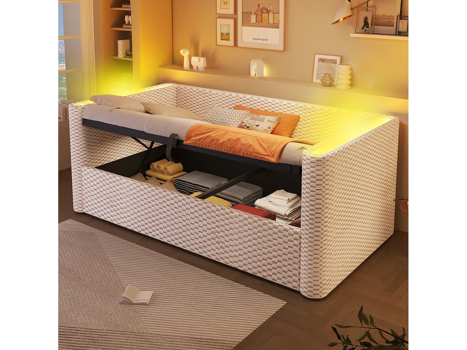Canapé-lit coffre pour enfant - 90 x 200 cm - avec Leds + rangement hydraulique + sommier à lattes - velours - beige