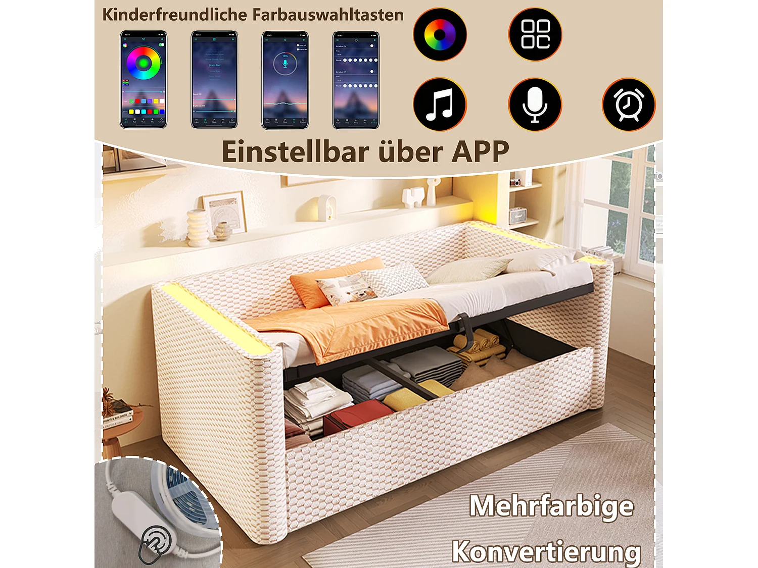 Canapé-lit coffre pour enfant - 90 x 200 cm - avec Leds + rangement hydraulique + sommier à lattes - velours - beige