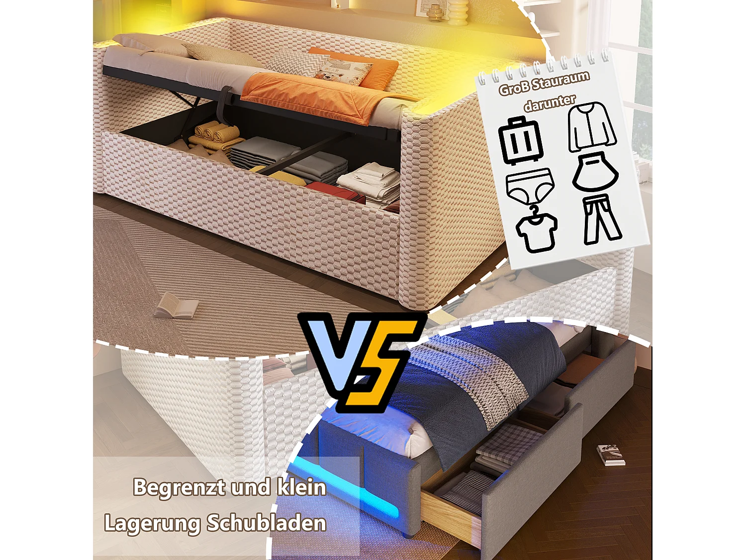 Canapé-lit coffre pour enfant - 90 x 200 cm - avec Leds + rangement hydraulique + sommier à lattes - velours - beige