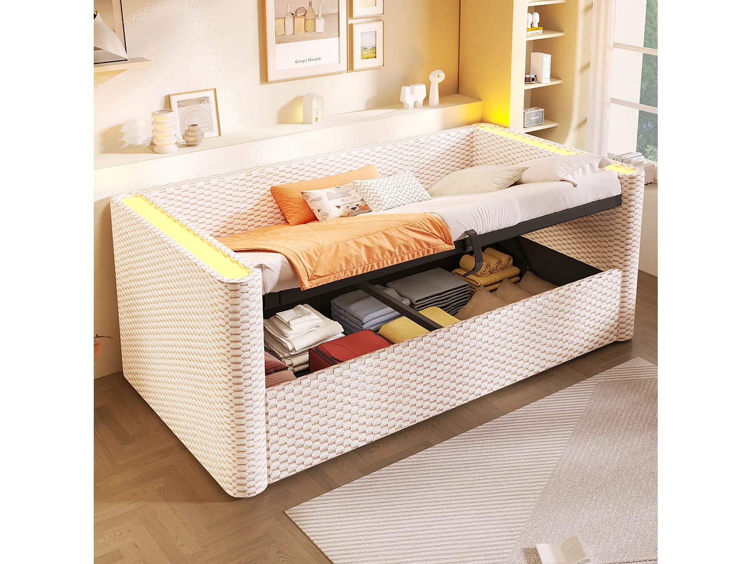 Canapé-lit coffre pour enfant - 90 x 200 cm - avec Leds + rangement hydraulique + sommier à lattes - velours - beige