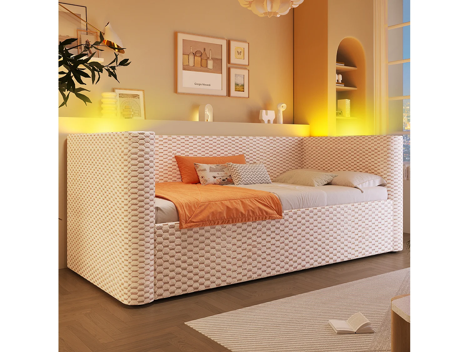 Canapé-lit coffre pour enfant - 90 x 200 cm - avec Leds + rangement hydraulique + sommier à lattes - velours - beige