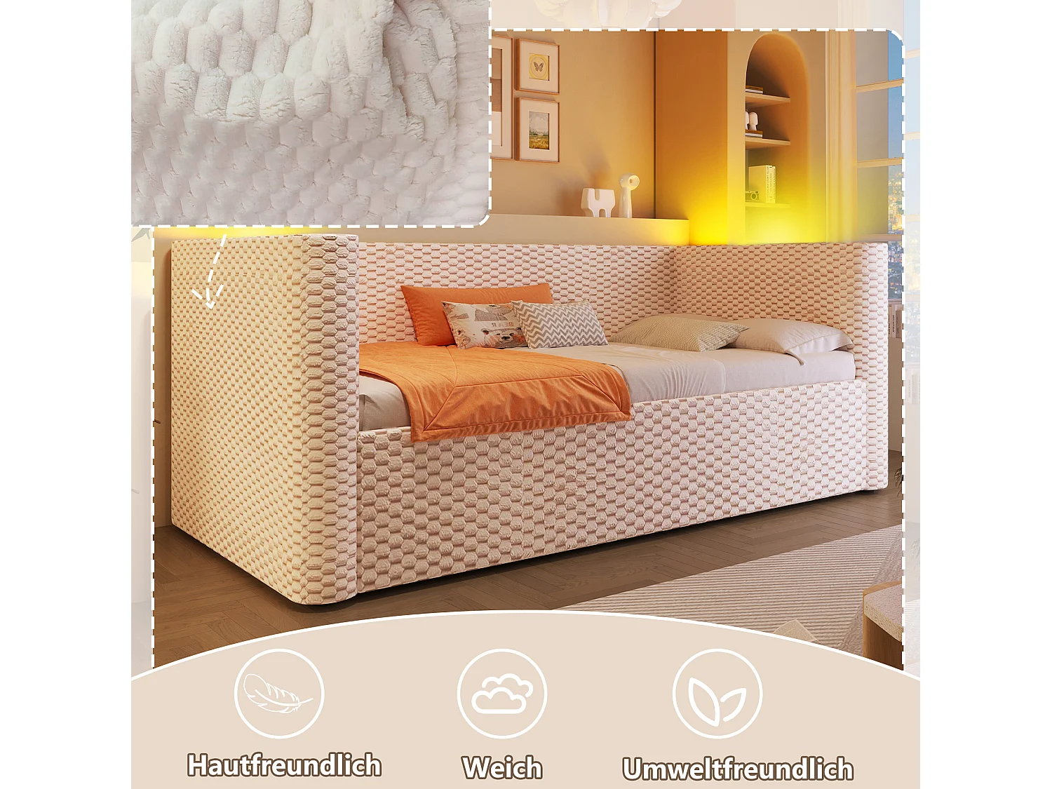 Canapé-lit coffre pour enfant - 90 x 200 cm - avec Leds + rangement hydraulique + sommier à lattes - velours - beige