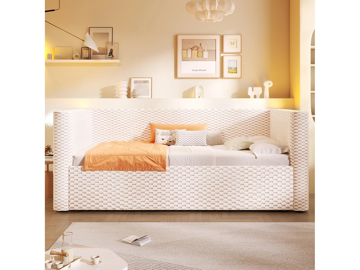 Canapé-lit coffre pour enfant - 90 x 200 cm - avec Leds + rangement hydraulique + sommier à lattes - velours - beige