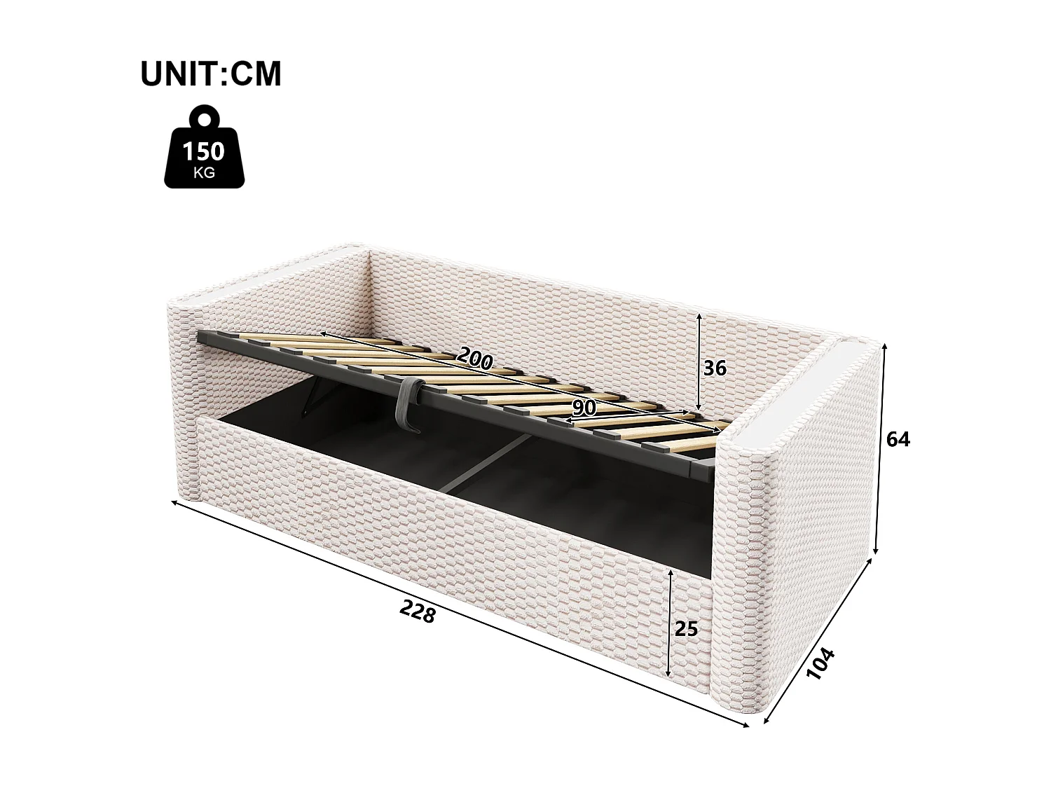 Canapé-lit coffre pour enfant - 90 x 200 cm - avec Leds + rangement hydraulique + sommier à lattes - velours - beige