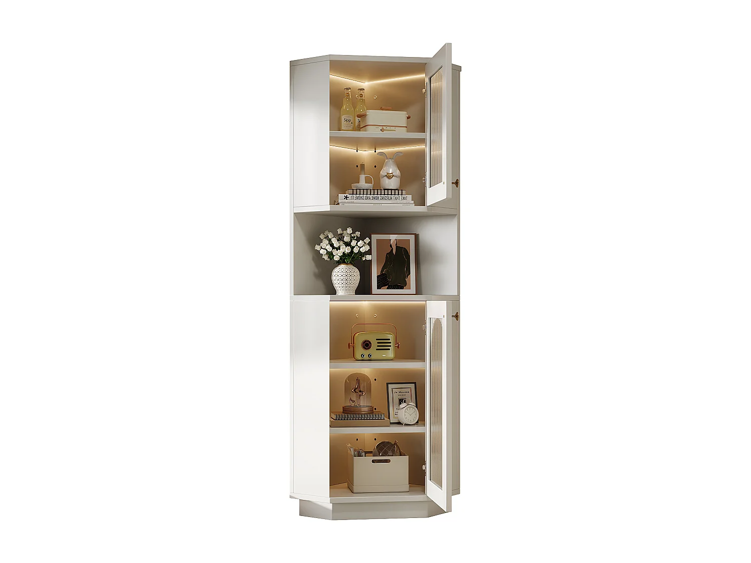 Eckbadezimmerschrank – mit 2 Türen + 1 Ablagefach + LEDs – 45 x 45 x 166,5 cm – MDF – weiß