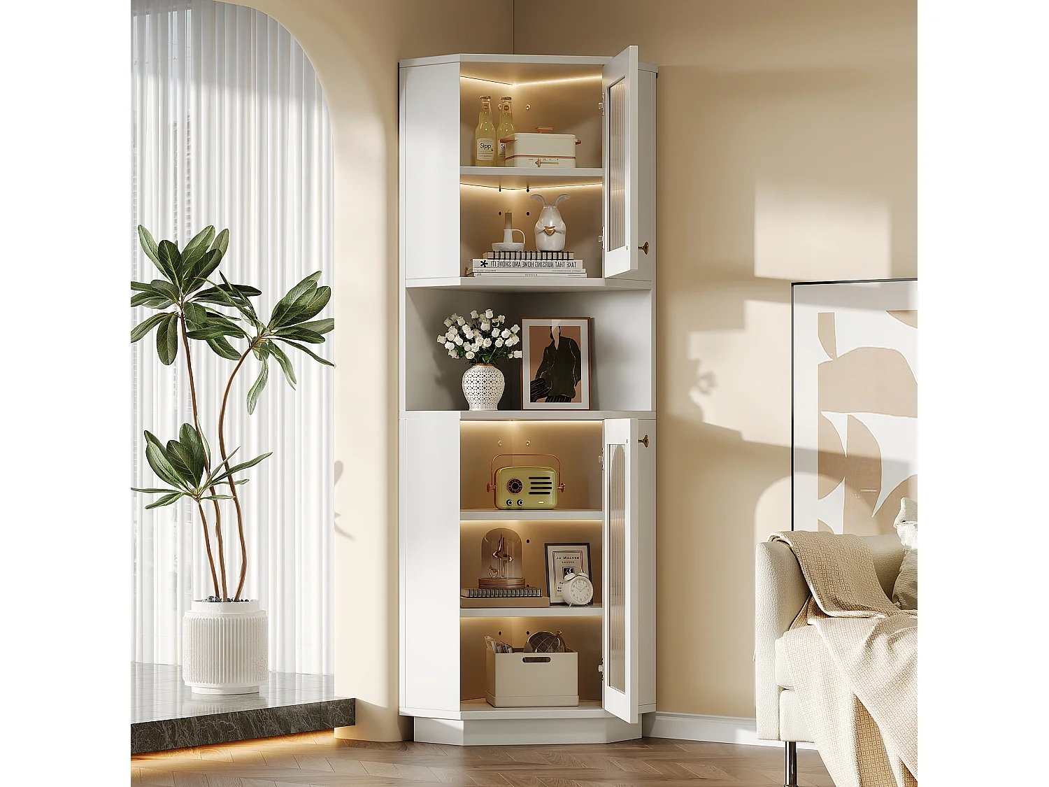 Mobile bagno angolare - con 2 ante + 1 nicchia portaoggetti + LED - 45 x 45 x 166,5 cm - MDF - bianco