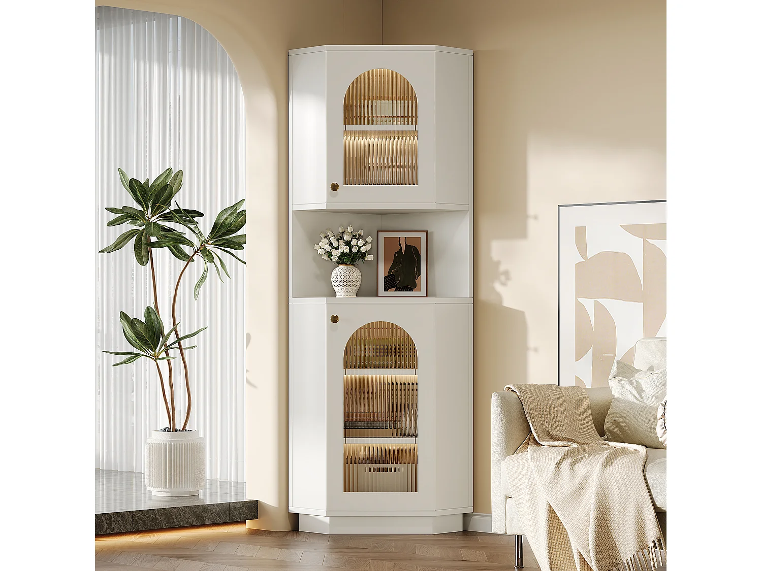 Mobile bagno angolare - con 2 ante + 1 nicchia portaoggetti + LED - 45 x 45 x 166,5 cm - MDF - bianco