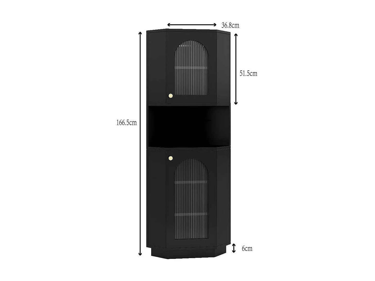 Eckbadezimmerschrank – mit 2 Türen + 1 Ablagefach + LEDs – 45 x 45 x 166,5 cm – MDF – Schwarz